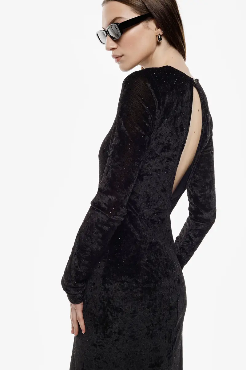 Abito lungo con maniche lunghe e schiena scoperta Nero miniatura 4