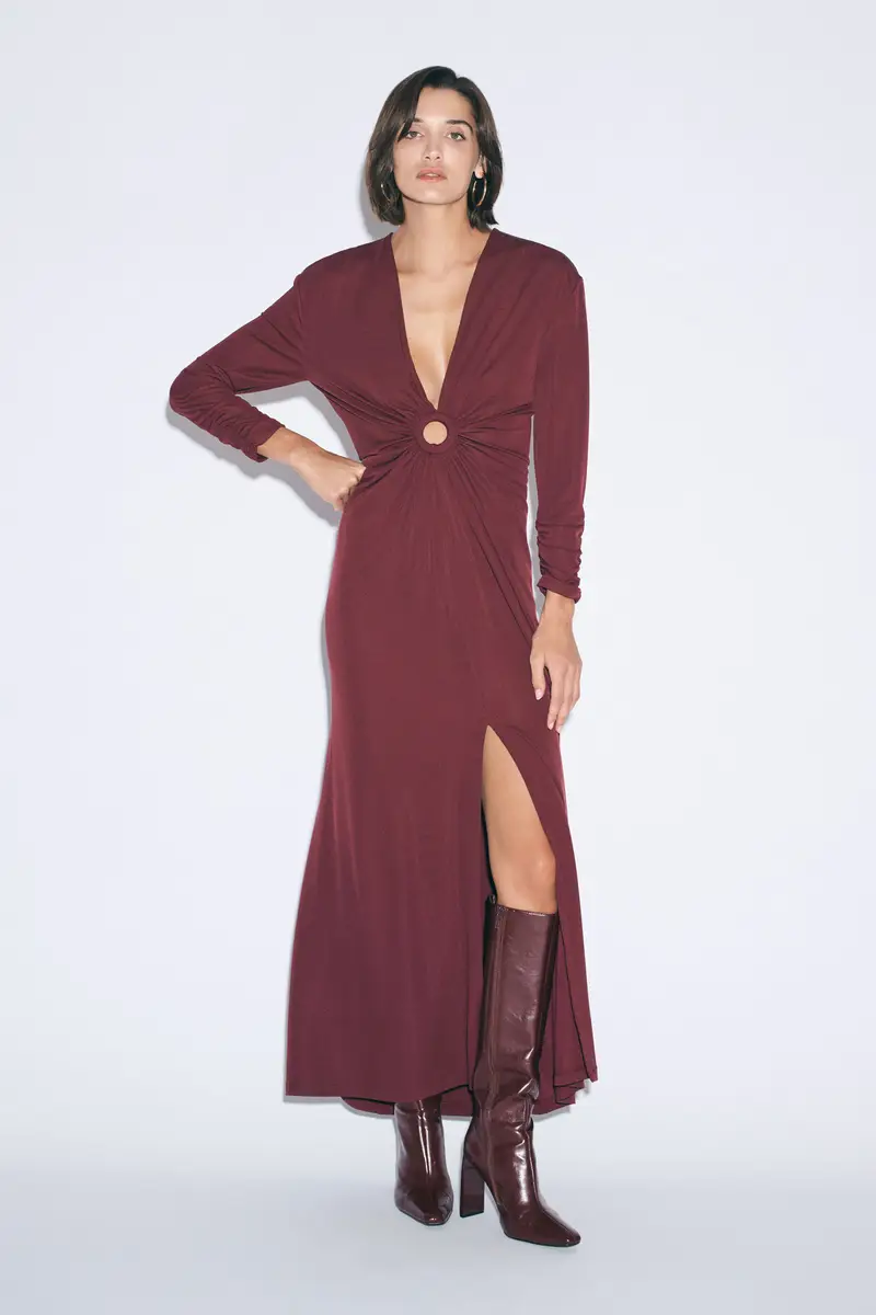 Abito lungo con maniche lunghe e scollo a v Prugna miniatura 2