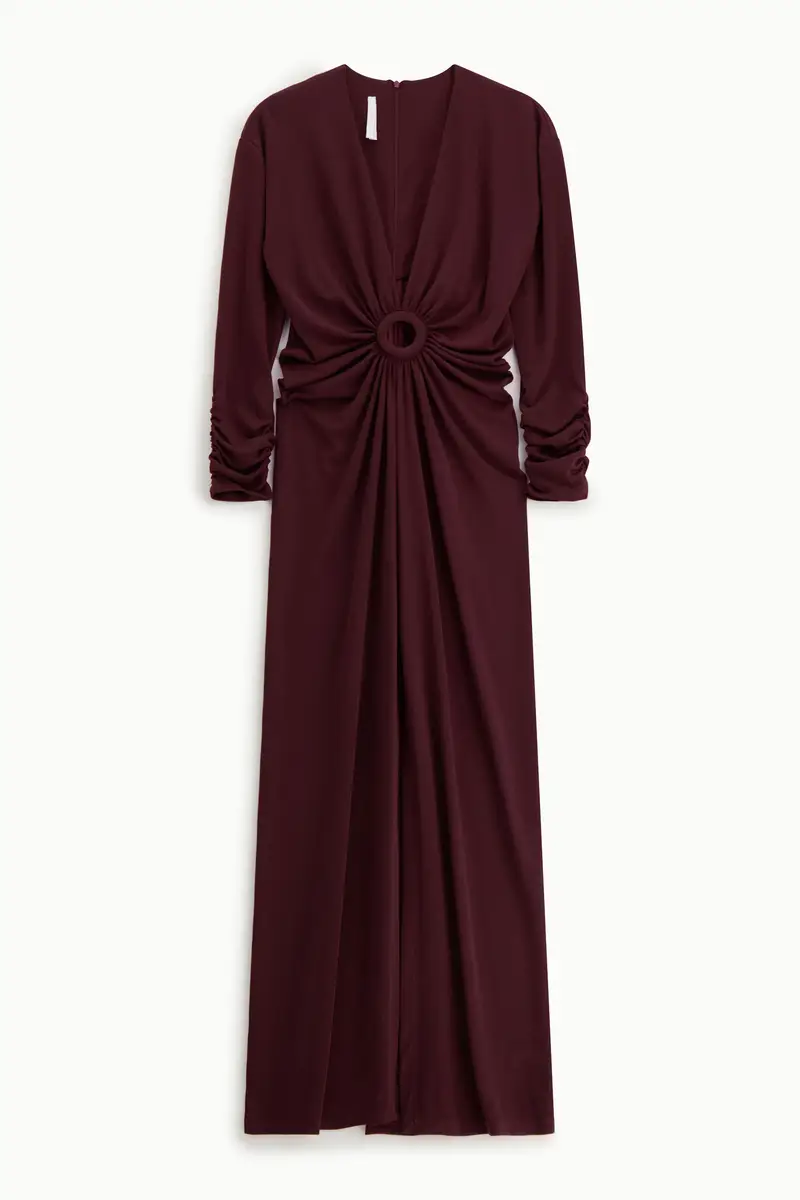 Abito lungo con maniche lunghe e scollo a v Prugna