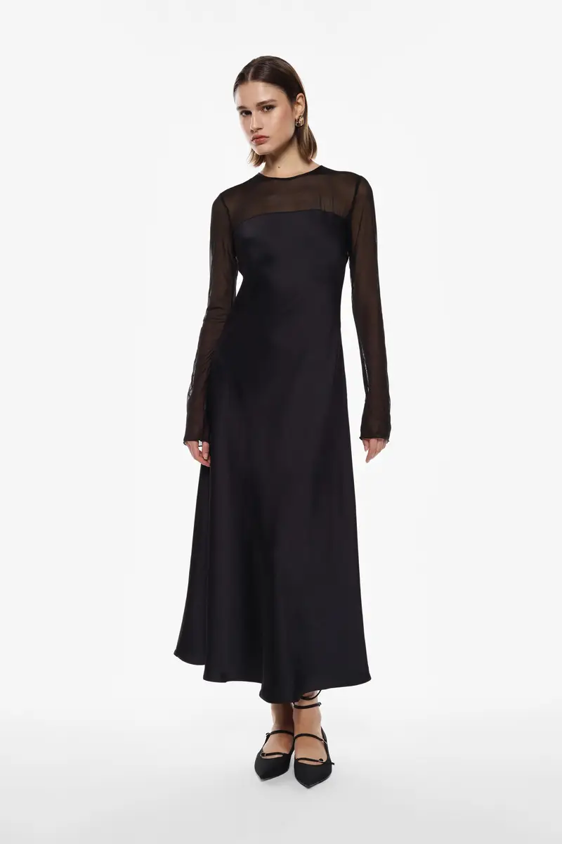 Abito lungo con maniche trasparenti e scollo rotondo Nero miniatura 2