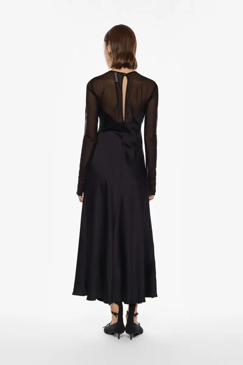 Abito lungo con maniche trasparenti e scollo rotondo Nero miniatura 3