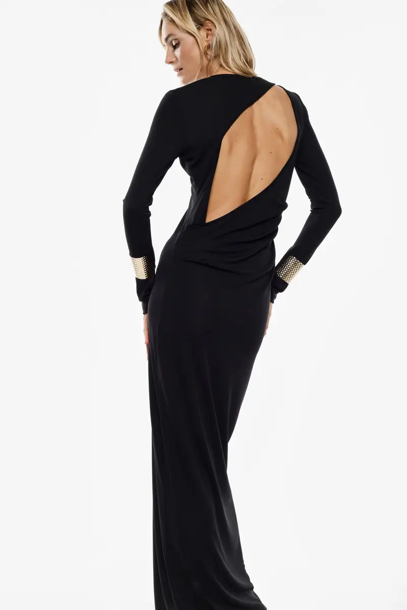 Abito lungo con schiena scoperta e polsini metallici Nero miniatura 2