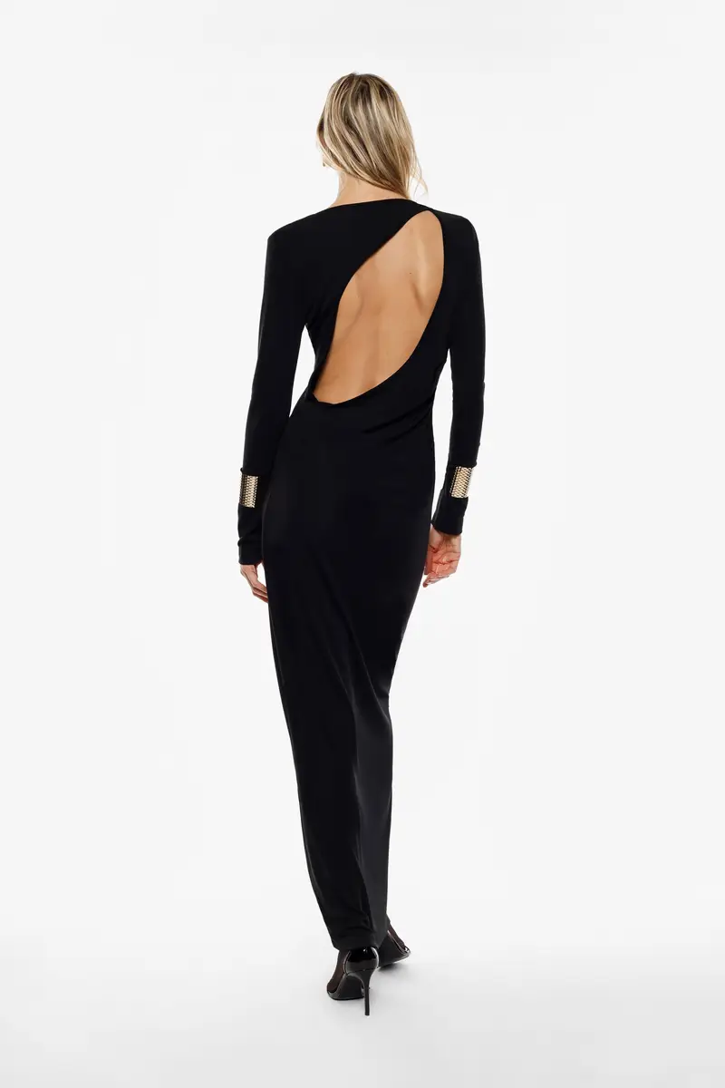 Abito lungo con schiena scoperta e polsini metallici Nero miniatura 4