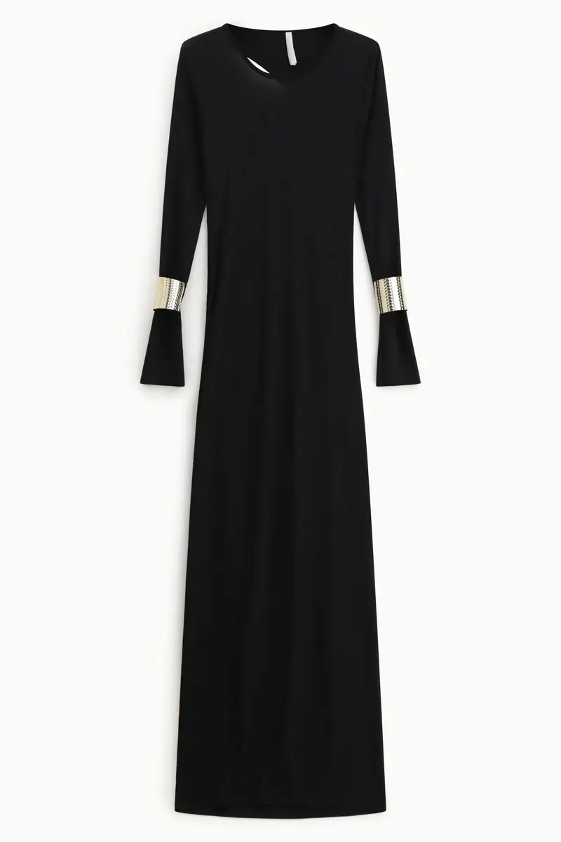 Abito lungo con schiena scoperta e polsini metallici Nero