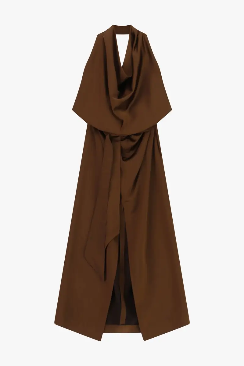 Abito lungo con scollo all americana e spacco frontale Cacao