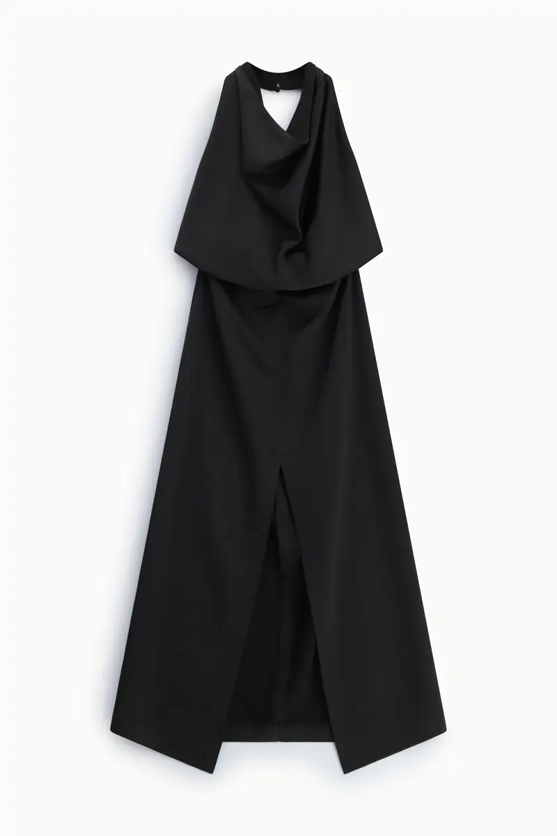 Abito lungo con scollo all americana e spacco frontale Nero