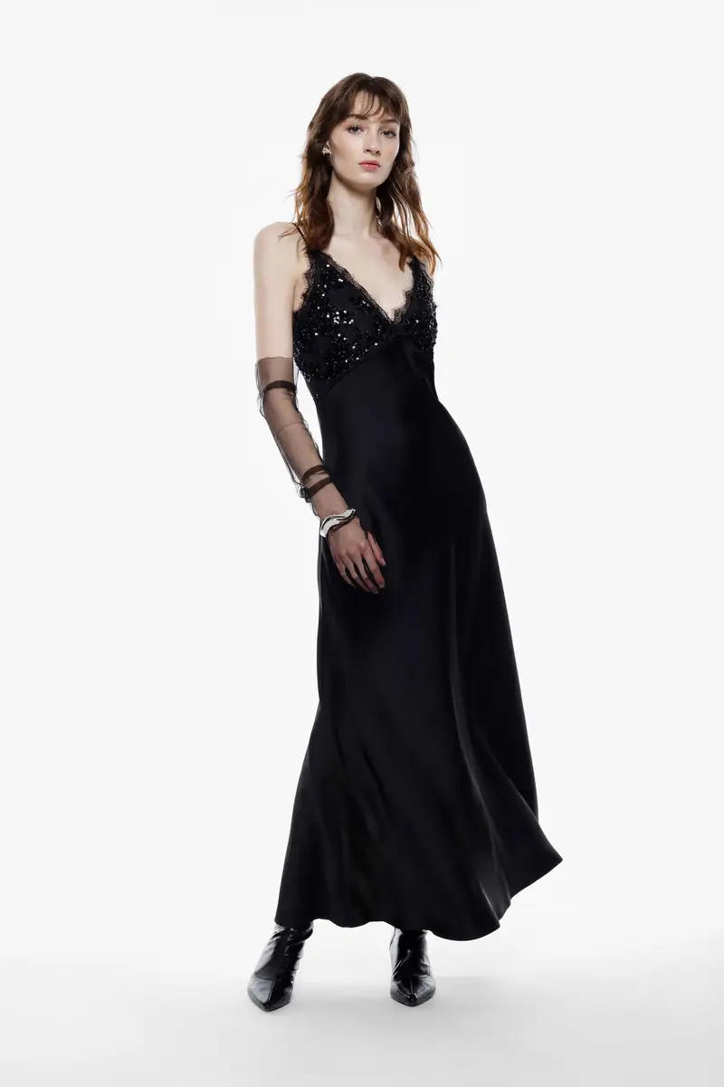 Abito lungo con spalline e corpino ricamato Nero miniatura 2