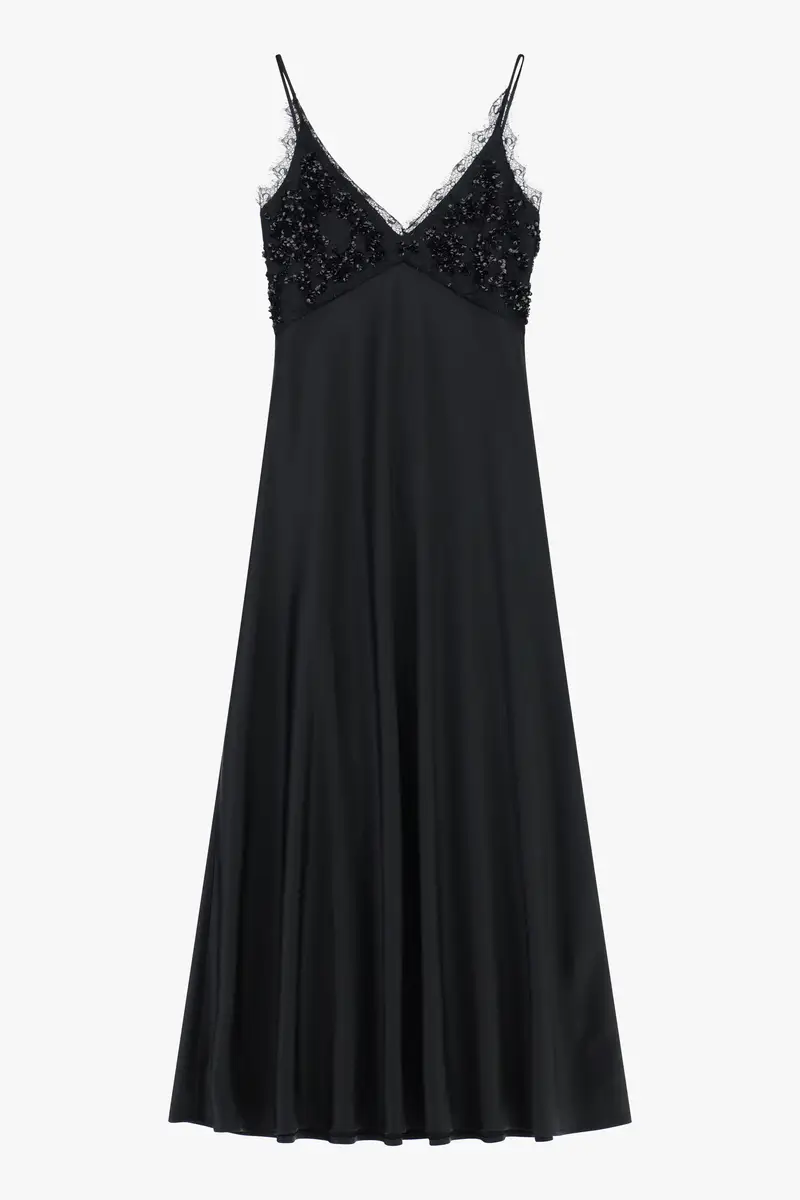 Abito lungo con spalline e corpino ricamato Nero