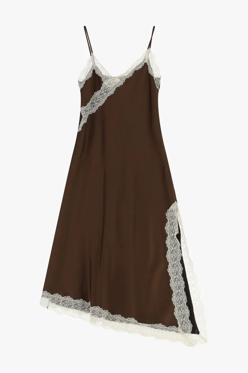 Abito lungo con spalline e pizzo asimmetrico Cacao