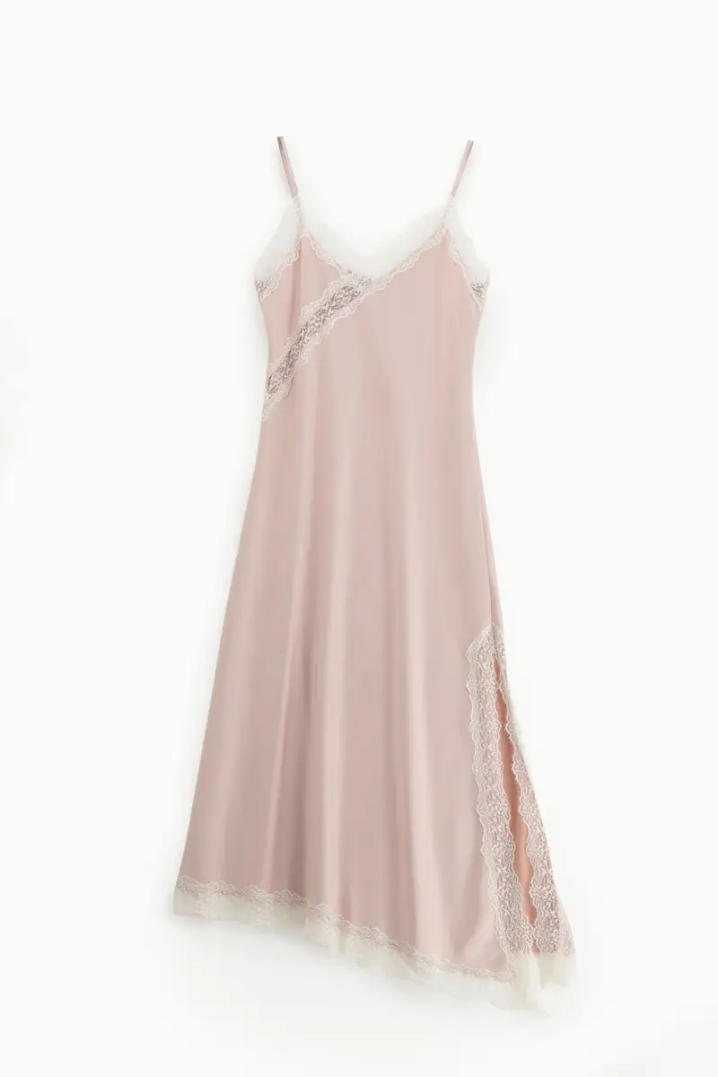 Abito lungo con spalline e pizzo asimmetrico Cipria