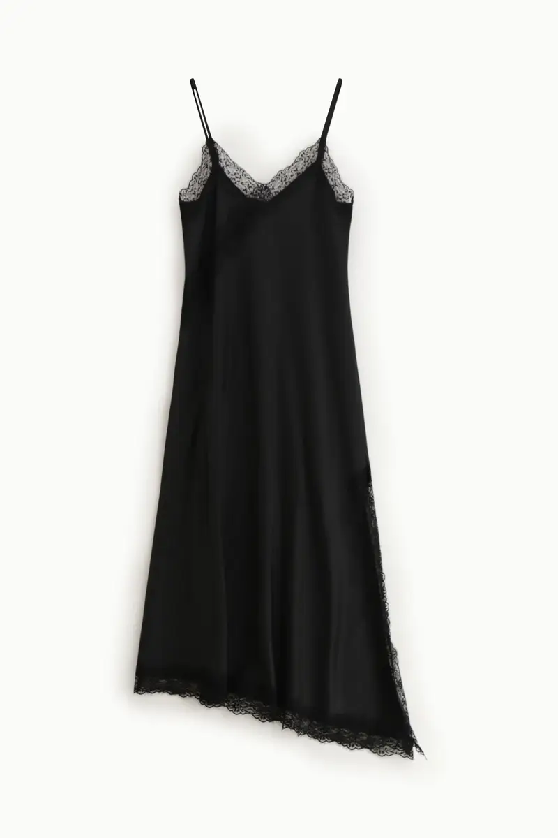 Abito lungo con spalline e pizzo asimmetrico Nero