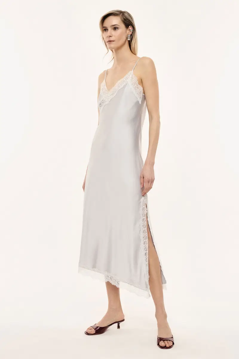 Abito lungo con spalline e pizzo asimmetrico Perla miniatura 2