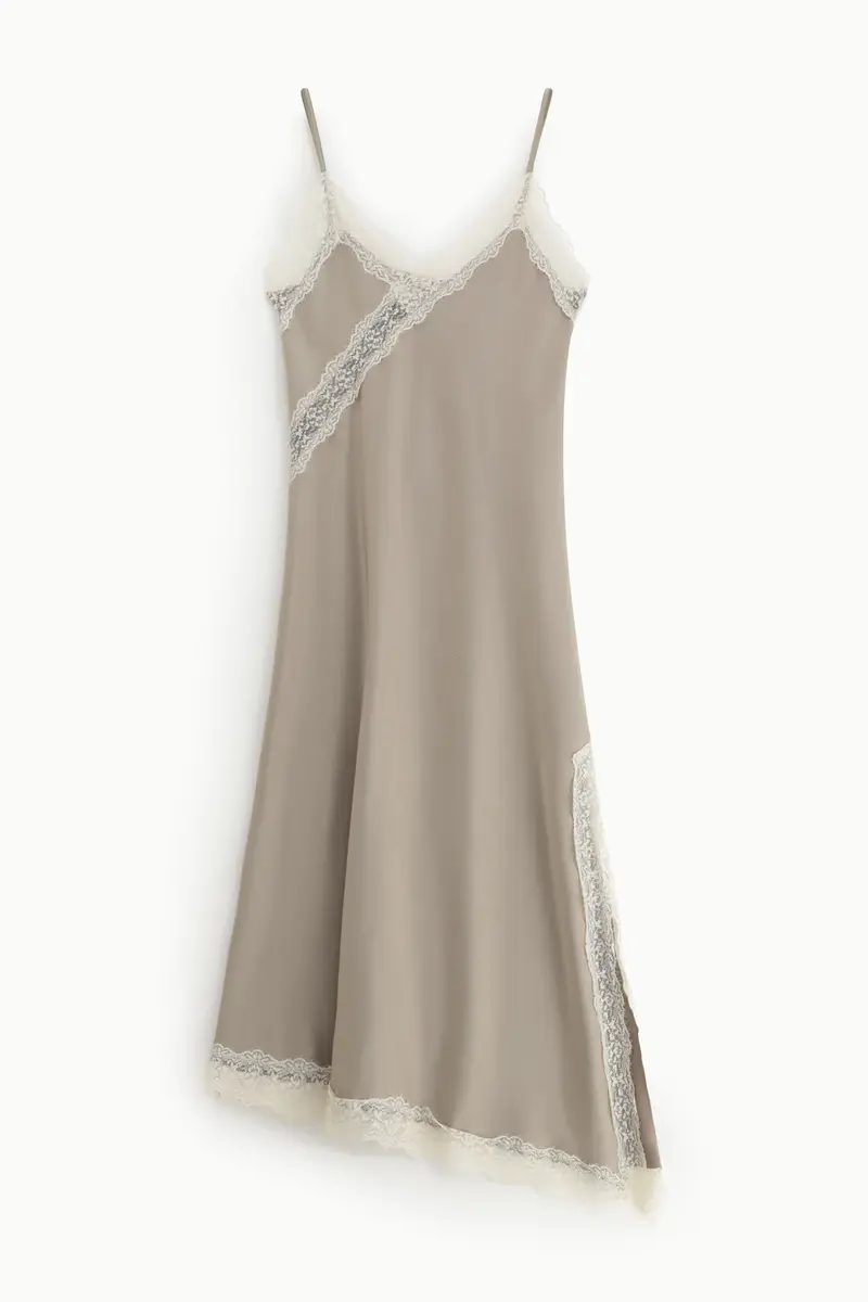 Abito lungo con spalline e pizzo asimmetrico Platino