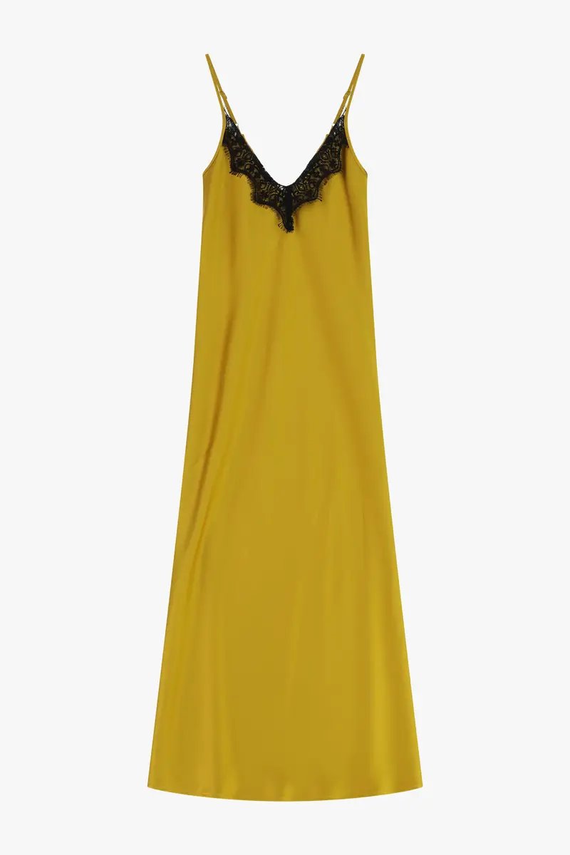 Abito lungo con spalline e pizzo scollo a v Ocra