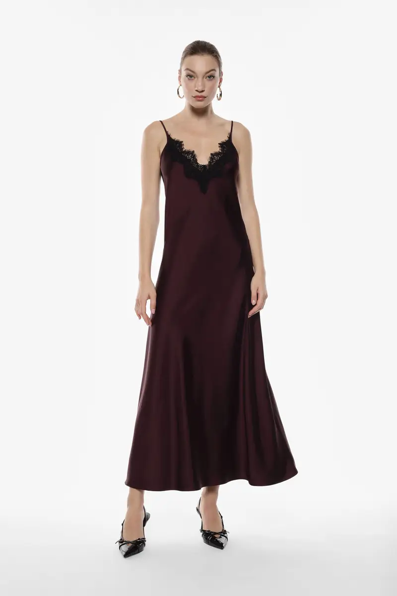 Abito lungo con spalline e pizzo scollo a v Prugna miniatura 2