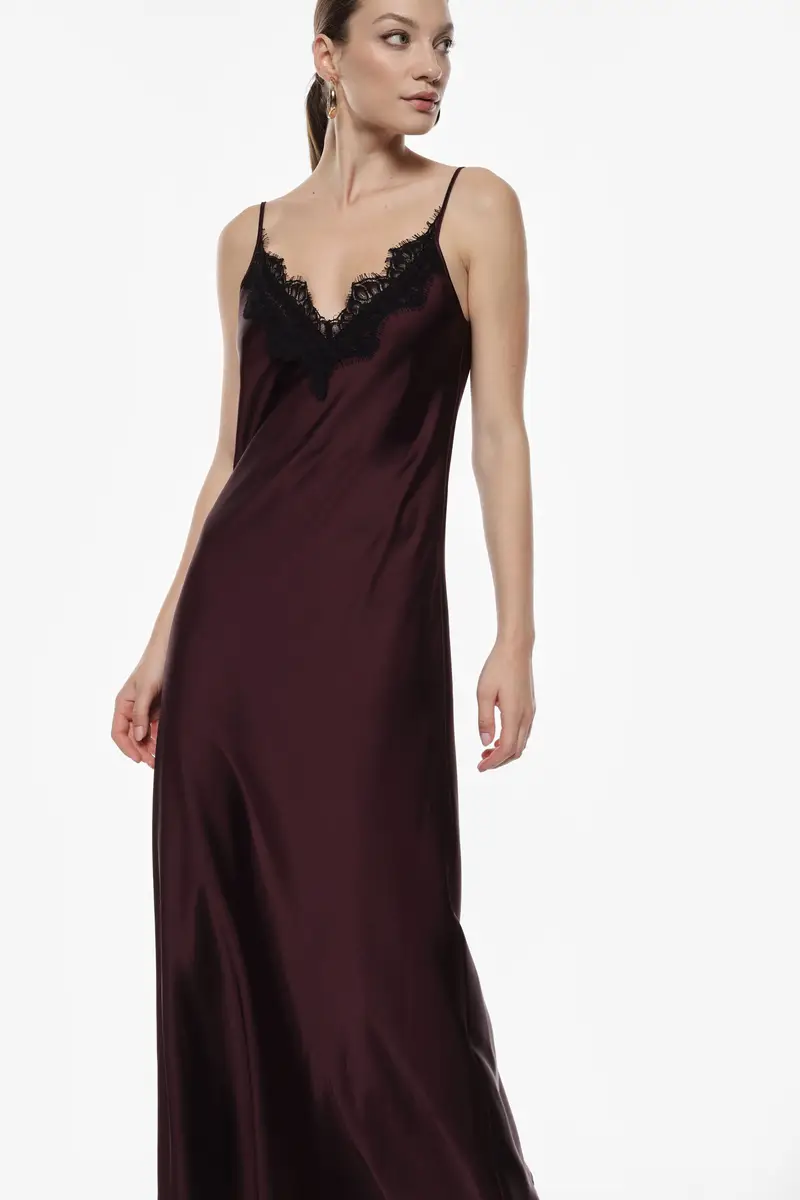Abito lungo con spalline e pizzo scollo a v Prugna miniatura 4