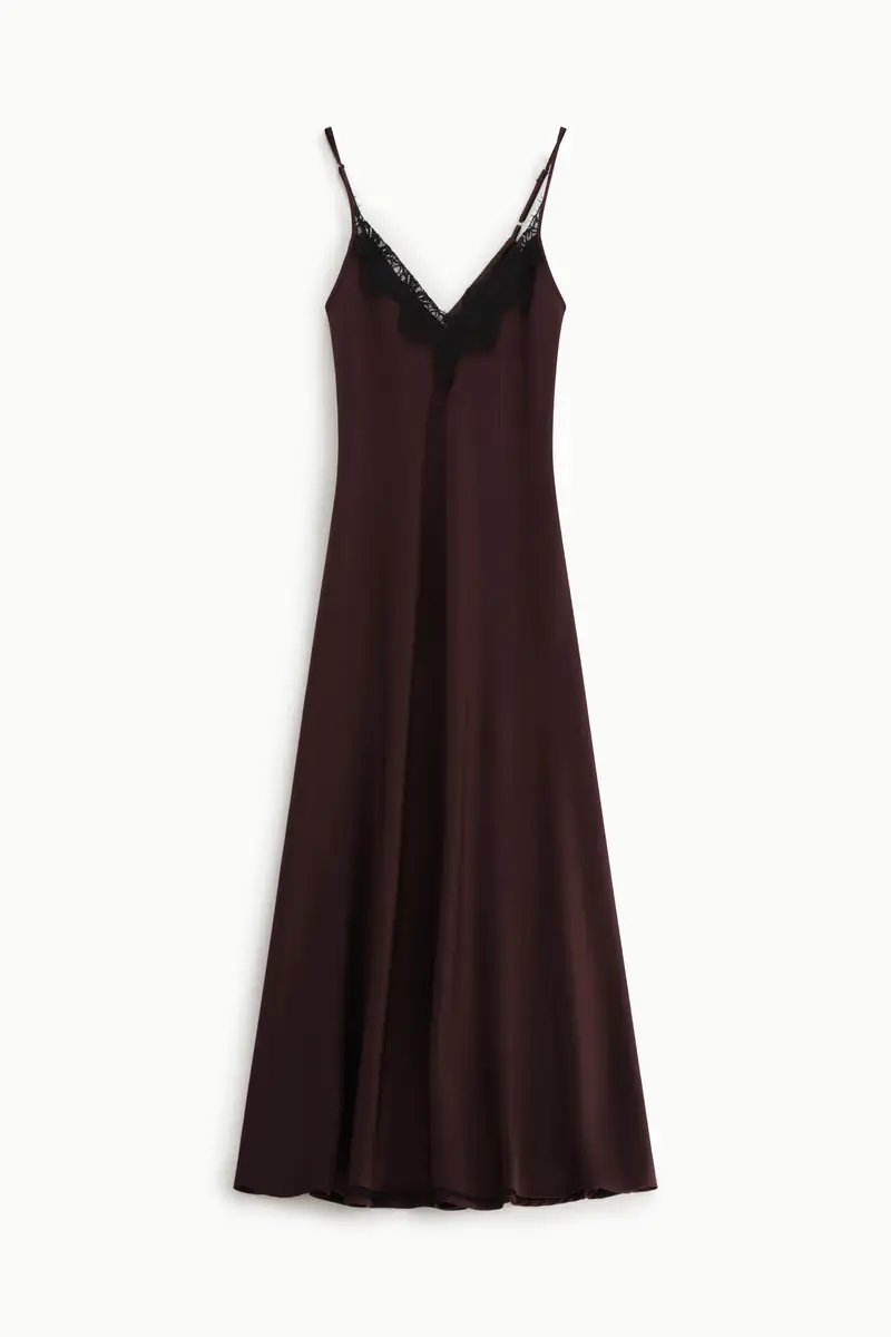 Abito lungo con spalline e pizzo scollo a v Prugna