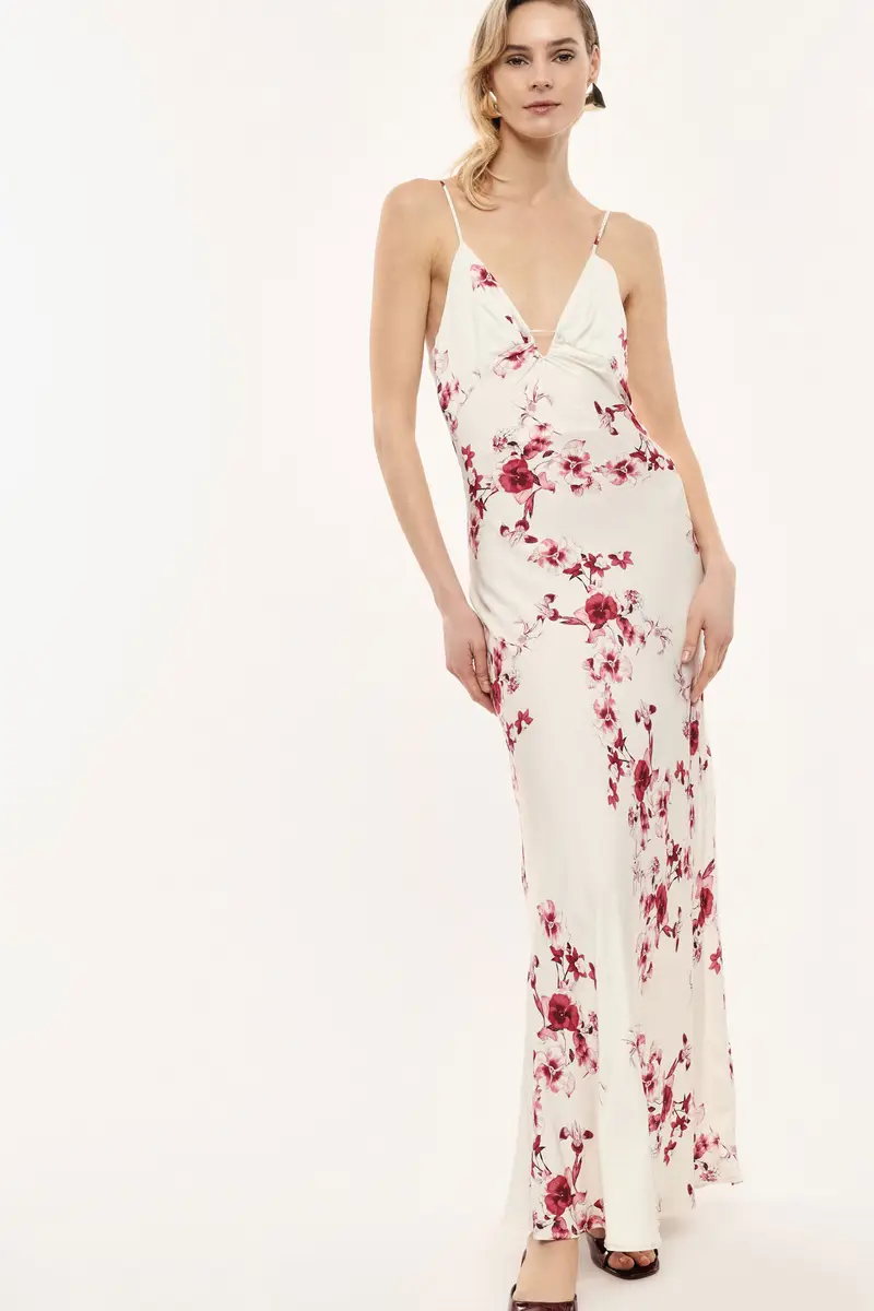 Abito lungo con spalline sottili e stampa floreale Latte miniatura 2