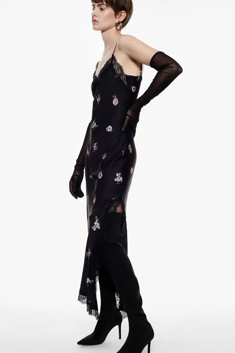 Abito lungo con spalline stampa floreale e pizzo Nero miniatura 2