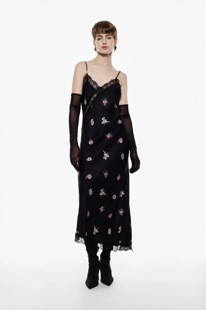 Abito lungo con spalline stampa floreale e pizzo Nero miniatura 3