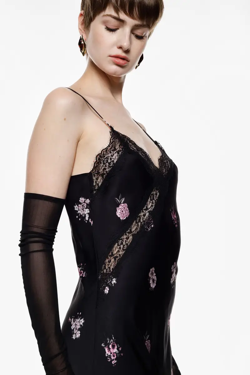 Abito lungo con spalline stampa floreale e pizzo Nero miniatura 4