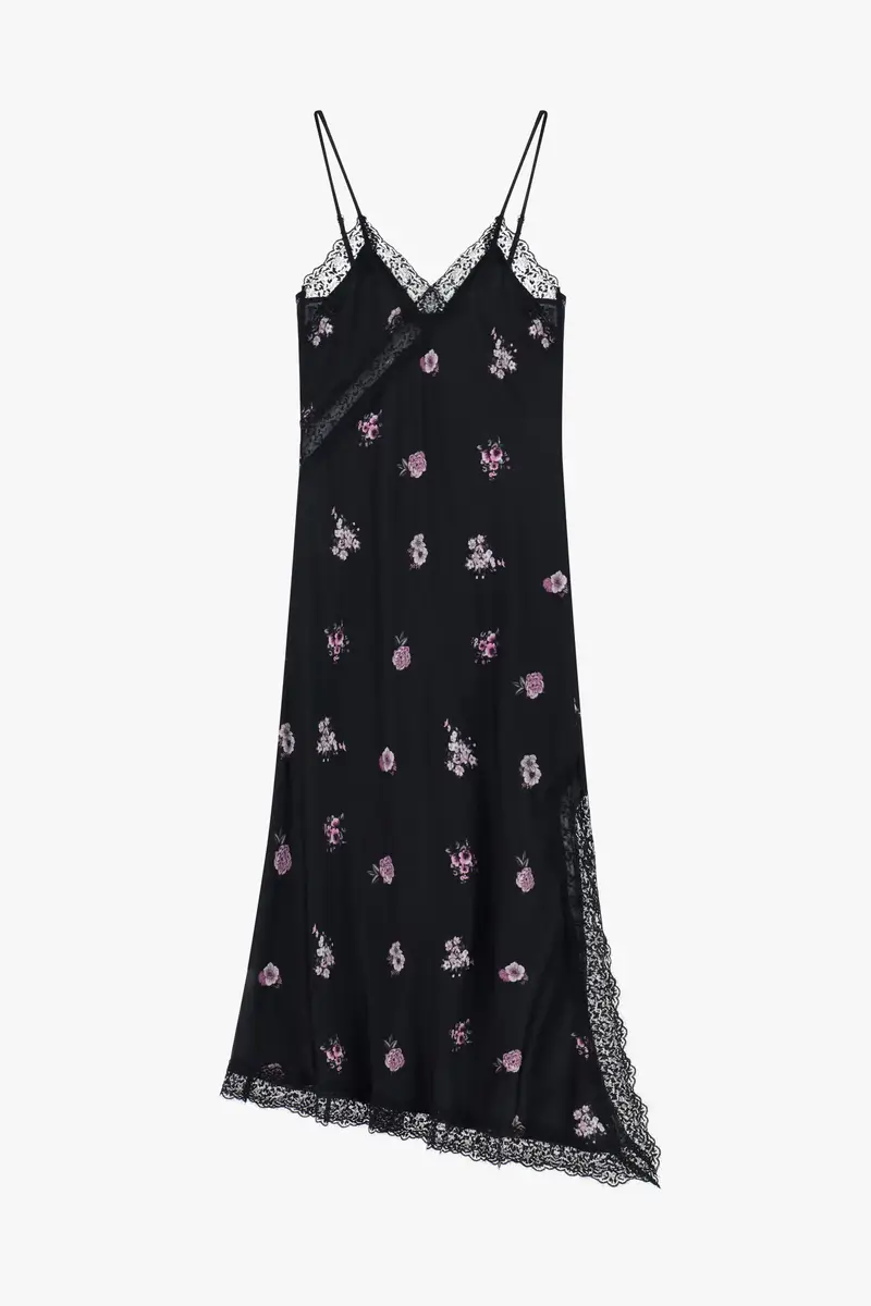Abito lungo con spalline stampa floreale e pizzo Nero