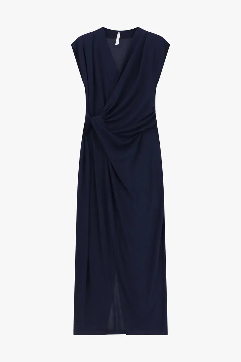 Abito lungo drappeggiato scollo a v senza maniche Blu