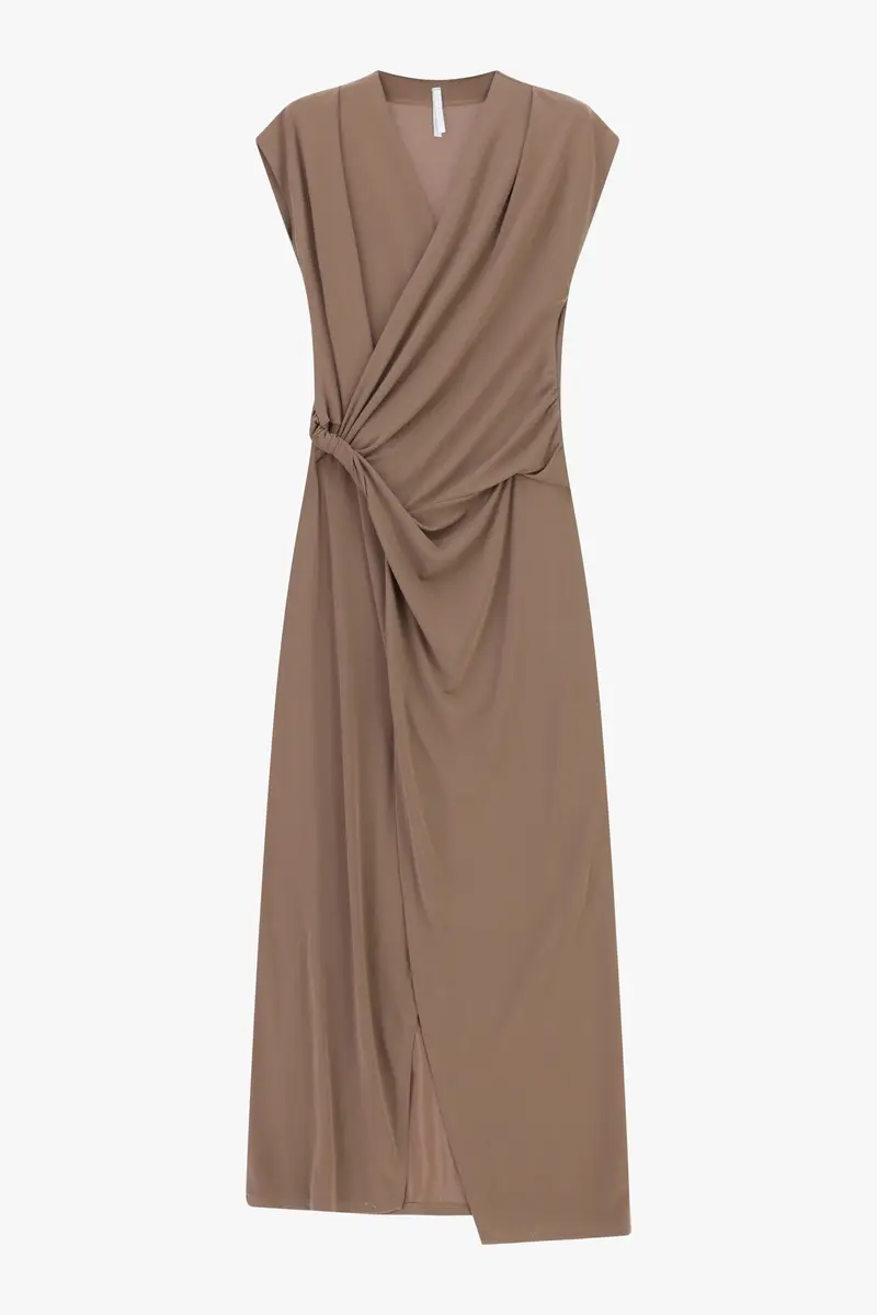 Abito lungo drappeggiato scollo a v senza maniche Cappuccino