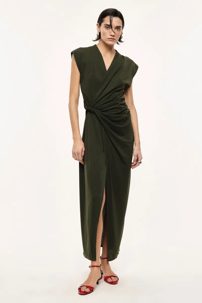 Abito lungo drappeggiato scollo a v senza maniche Militare miniatura 2