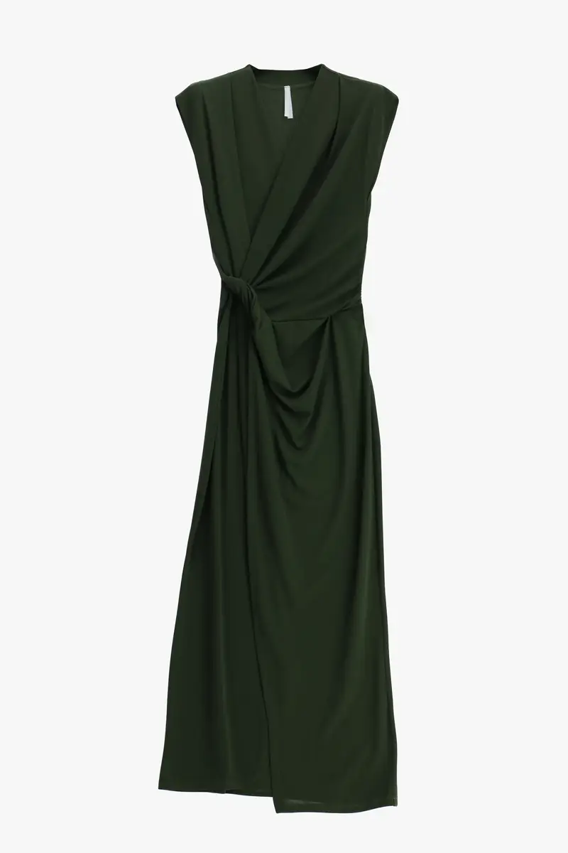 Abito lungo drappeggiato scollo a v senza maniche Militare