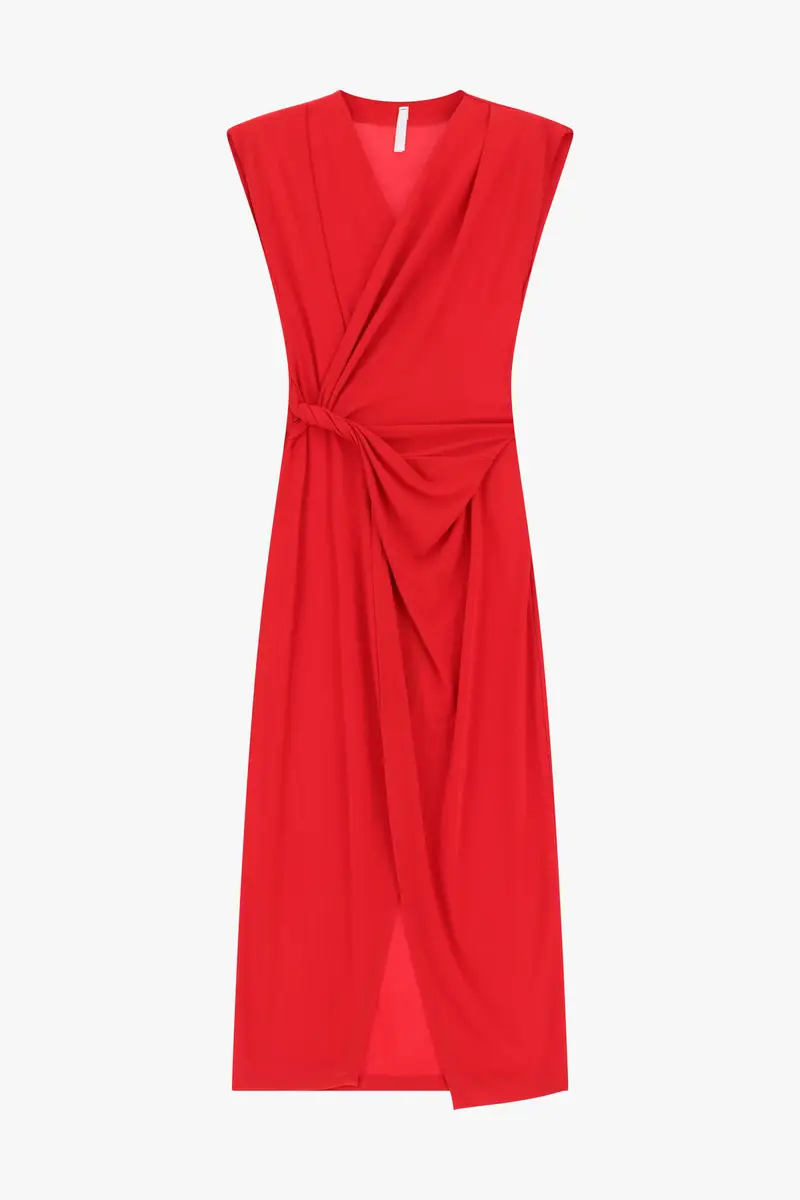 Abito lungo drappeggiato scollo a v senza maniche Rosso