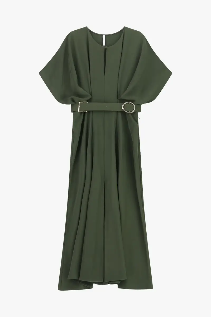 Abito lungo elegante con cintura in vita e spacco laterale Militare