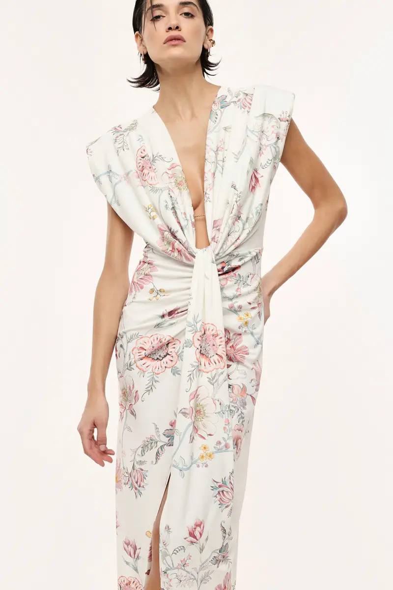 Abito lungo fantasia floreale con scollo a v Panna miniatura 4