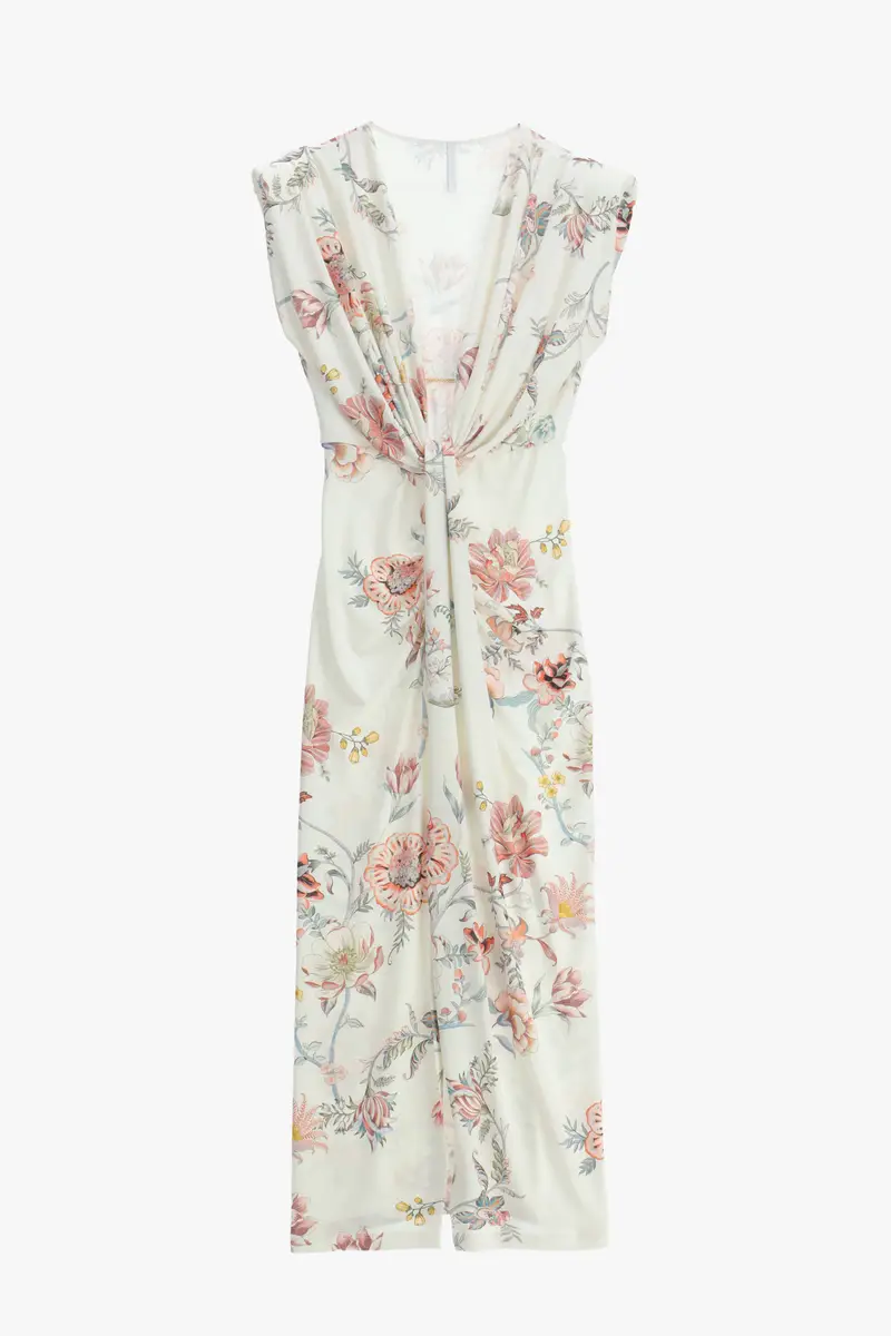 Abito lungo fantasia floreale con scollo a v Panna