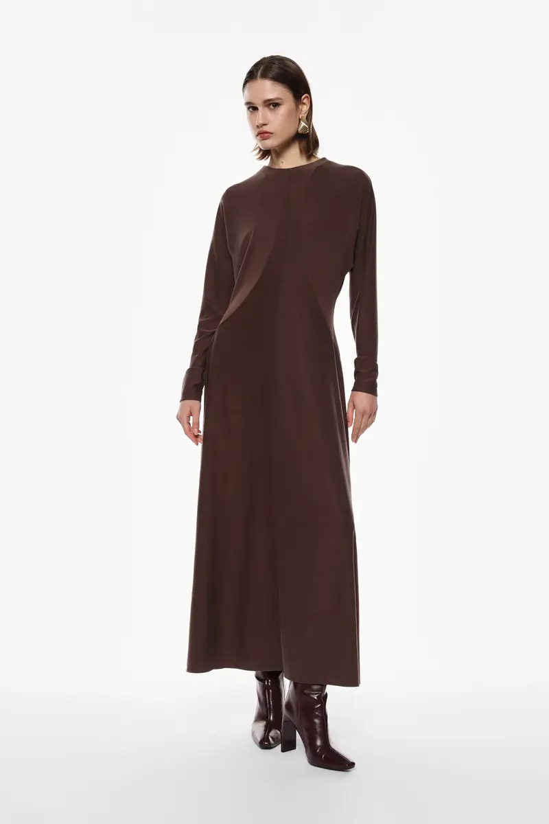 Abito lungo scivolato con maniche lunghe zip Brown miniatura 2