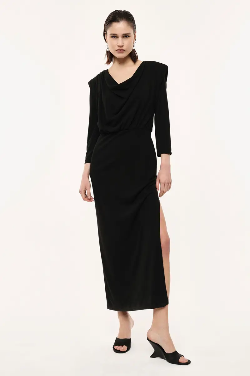 Abito lungo scollo asimmetrico maniche tre quarti Nero miniatura 2