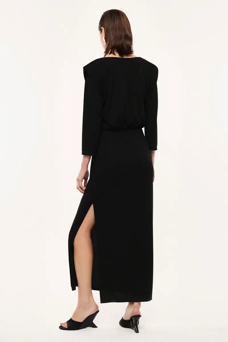 Abito lungo scollo asimmetrico maniche tre quarti Nero miniatura 3