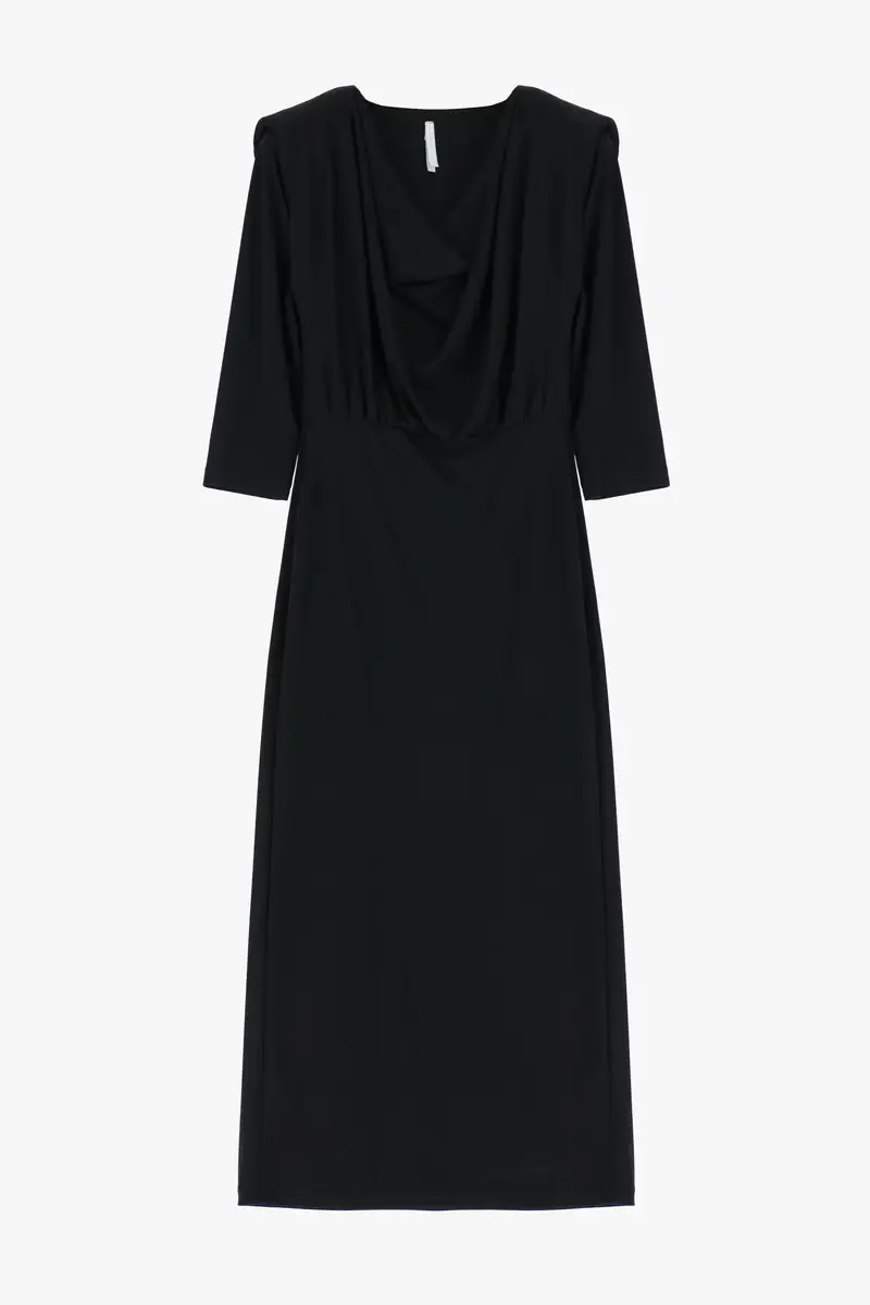 Abito lungo scollo asimmetrico maniche tre quarti Nero