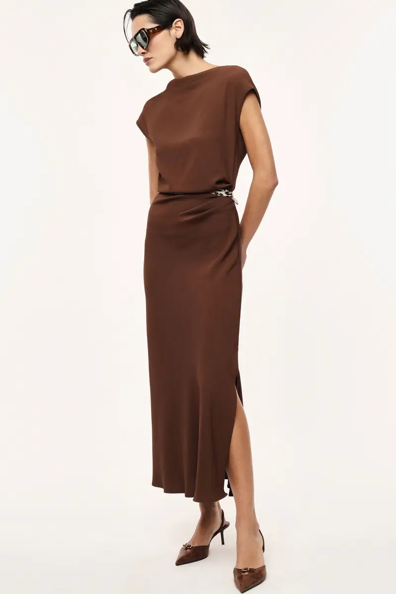 Abito lungo scollo barca cintura animalier Cacao miniatura 2