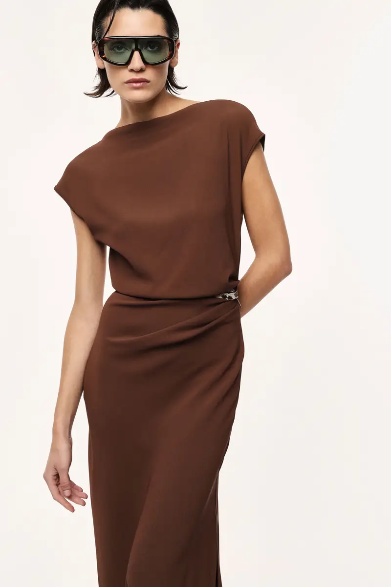 Abito lungo scollo barca cintura animalier Cacao miniatura 4