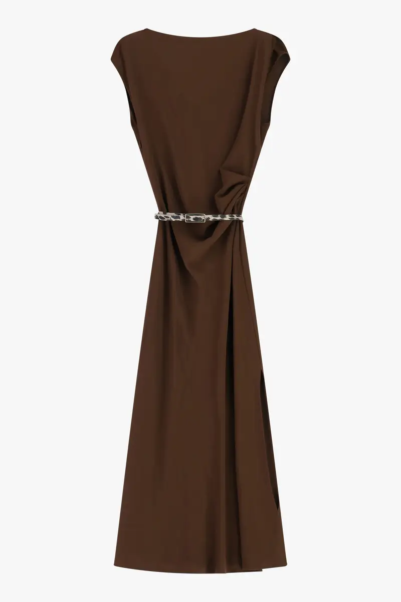 Abito lungo scollo barca cintura animalier Cacao