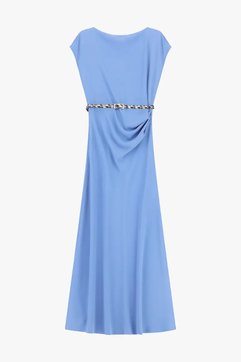 Abito lungo scollo barca cintura animalier Ceruleo