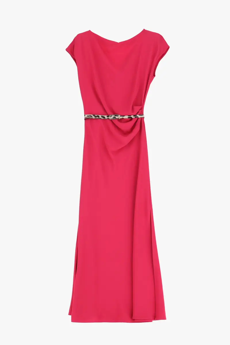 Abito lungo scollo barca cintura animalier Fuxia