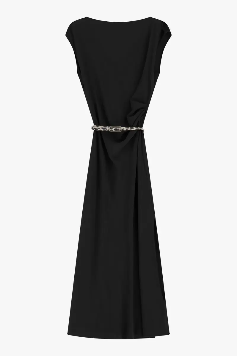 Abito lungo scollo barca cintura animalier Nero