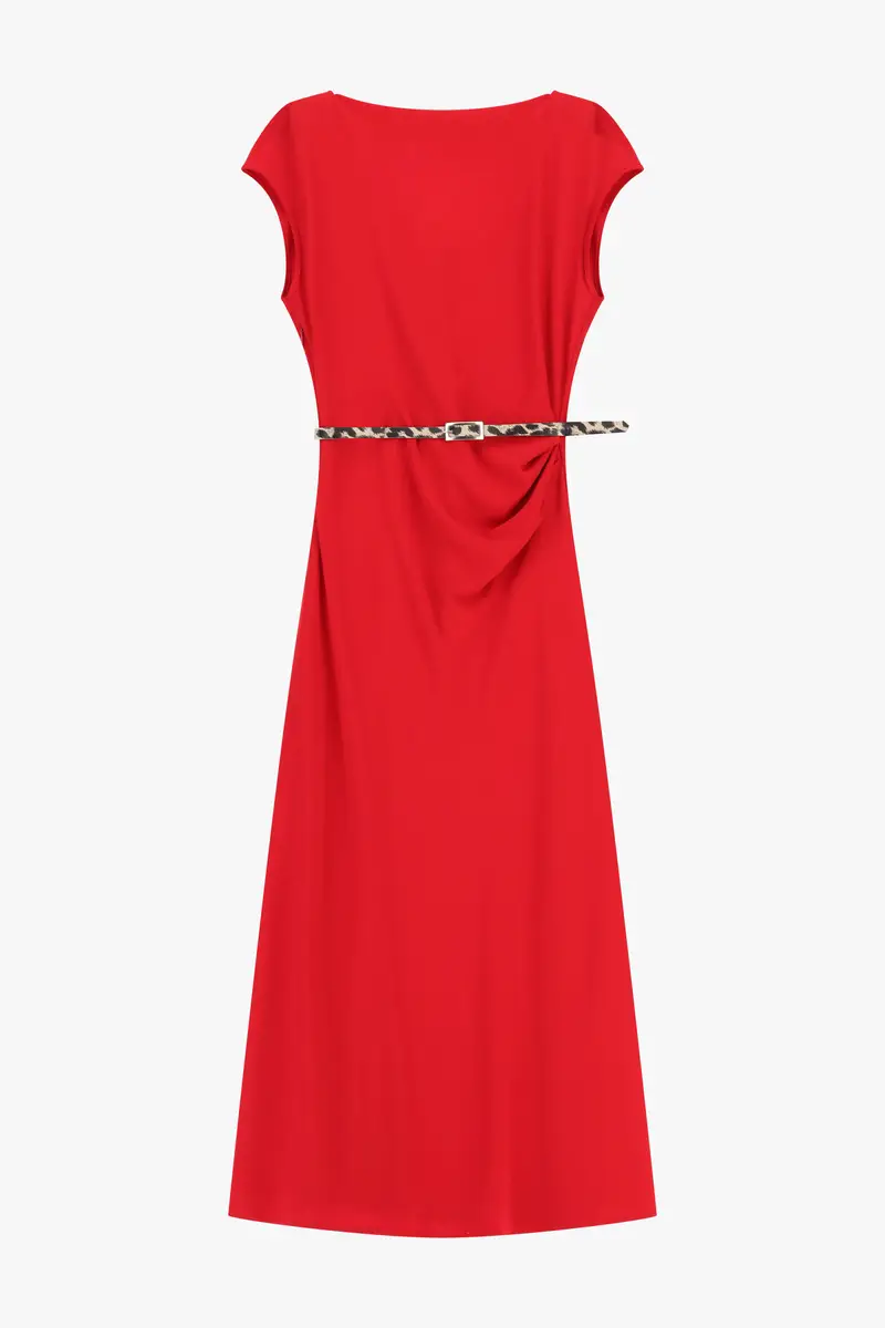 Abito lungo scollo barca cintura animalier Rosso