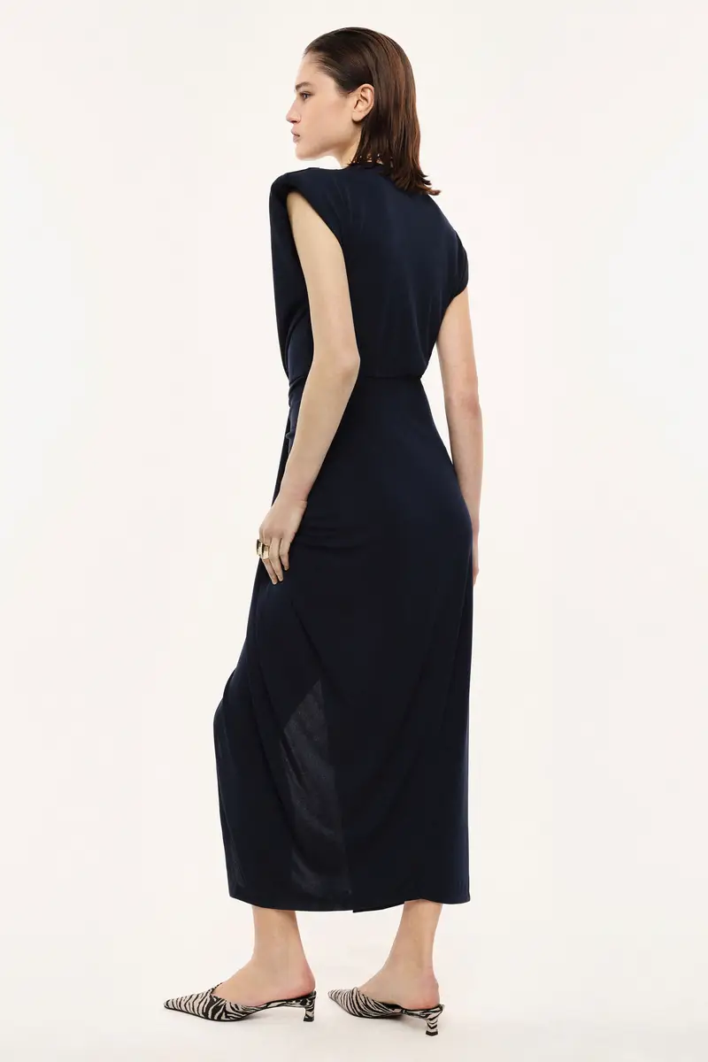 Abito lungo scollo profondo e arricciatura centrale Blu miniatura 3