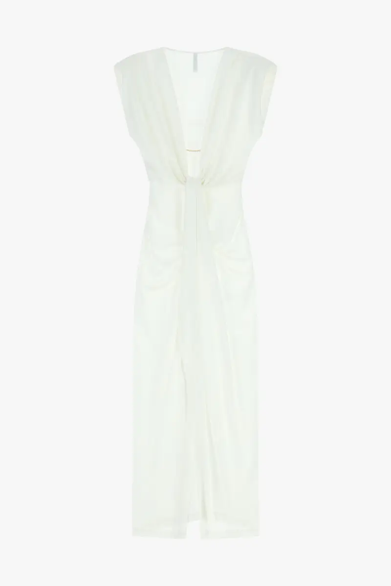 Abito lungo scollo profondo e arricciatura centrale Panna