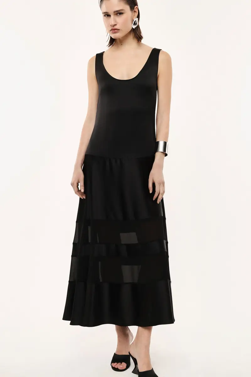 Abito lungo senza maniche dettagli trasparenti Nero miniatura 2