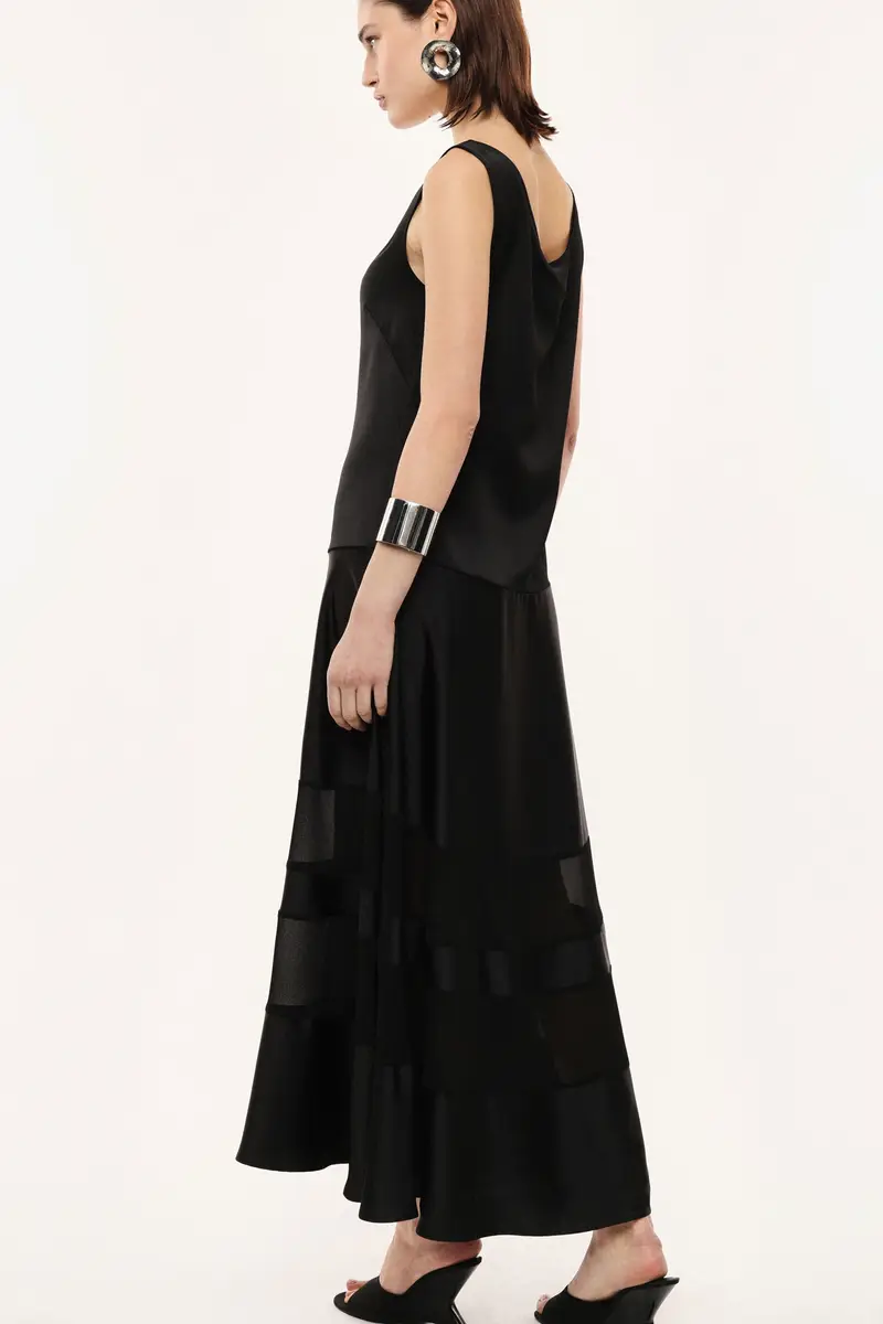 Abito lungo senza maniche dettagli trasparenti Nero miniatura 3