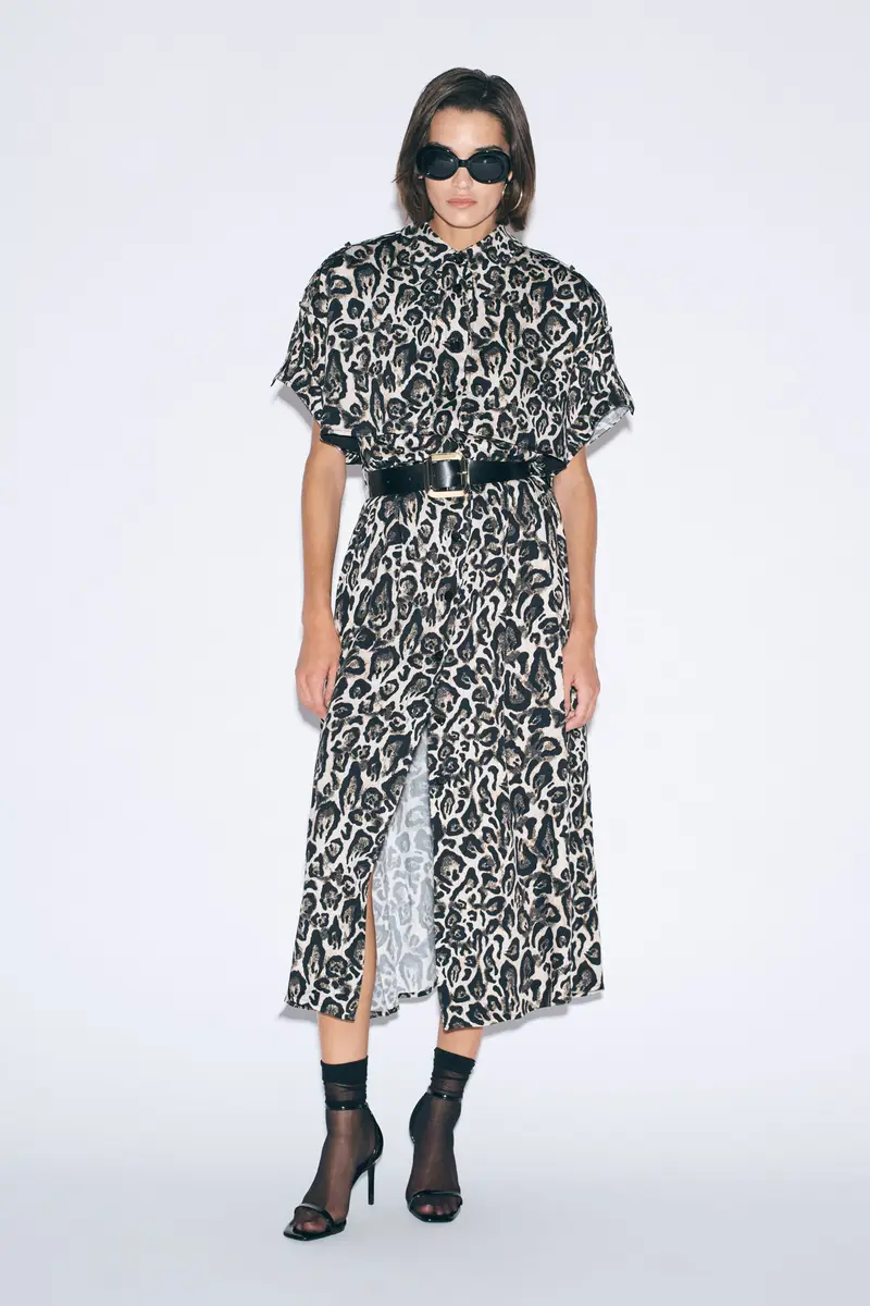 Abito lungo stampa animalier con cintura Beige miniatura 2